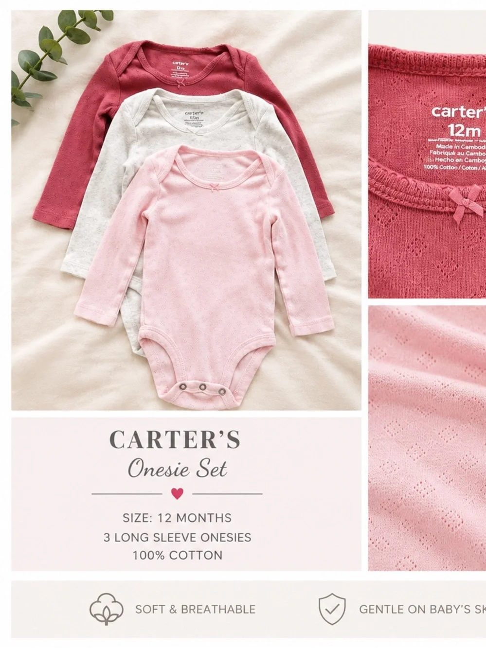 Carter's Long Sleeve Baby Onesie Set - Dusty Rose, Light Pink & Heather Gray